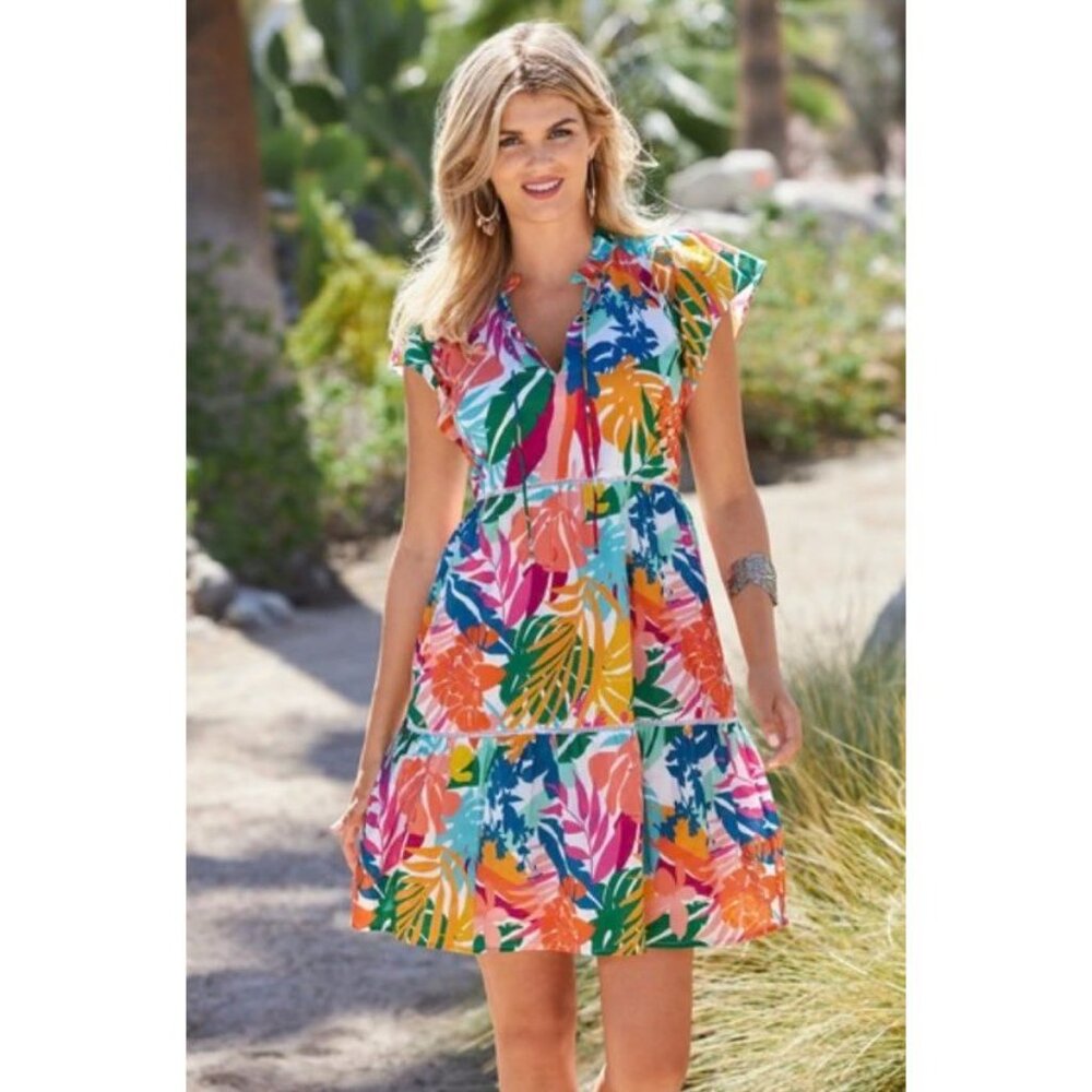 Boston Proper Abstract Forest Tiered Shift Dress Size M Resort Tropical Vacation
